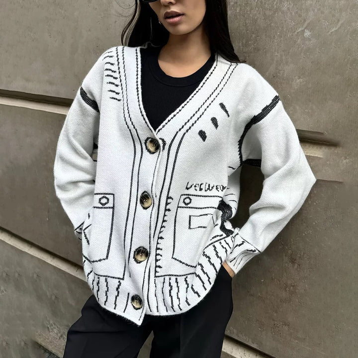 Dame avslappet cardigan med grafisk mønster Skjora