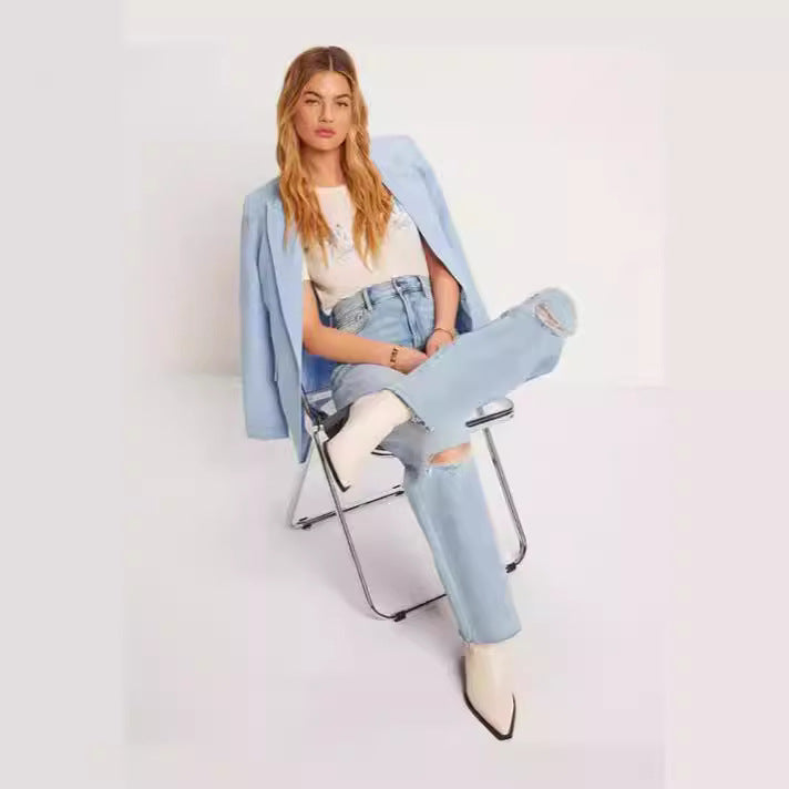 Dame Høyhånd Jeans med frynset søm og trendy hulldetaljer Skjora