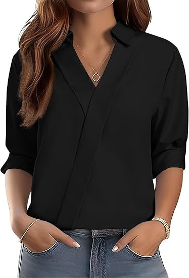 Kvinnes elegant V-hals bluse med teksturert design Skjora