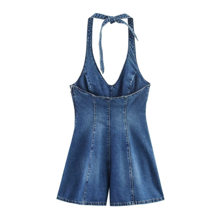 Dame jumpsuit laget av denim med kryssbånd Skjora