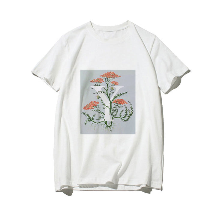 Dame T-skjorte med blomsterdesign og kreativt trykk Skjora