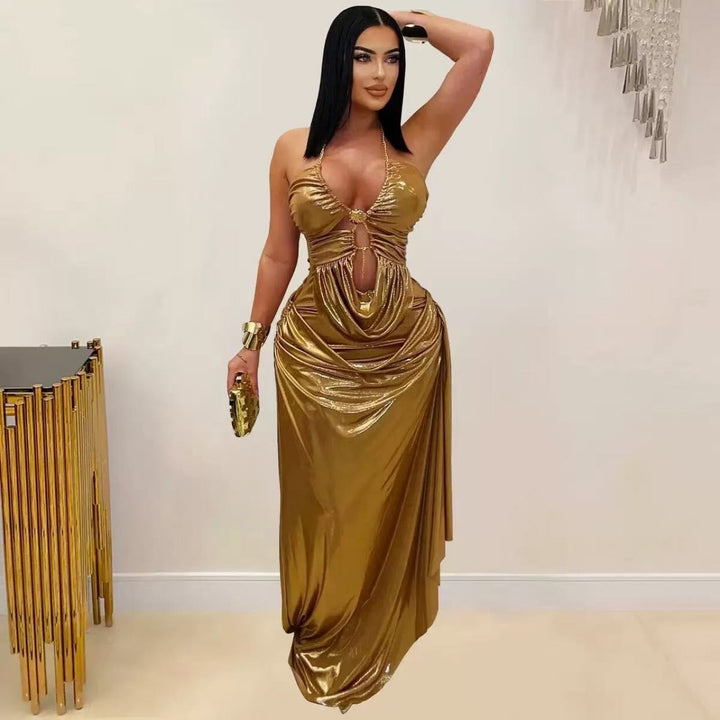 Kvinne Glamorous Maxi Kjole med Dyp V-Hals og Elegant Drapering