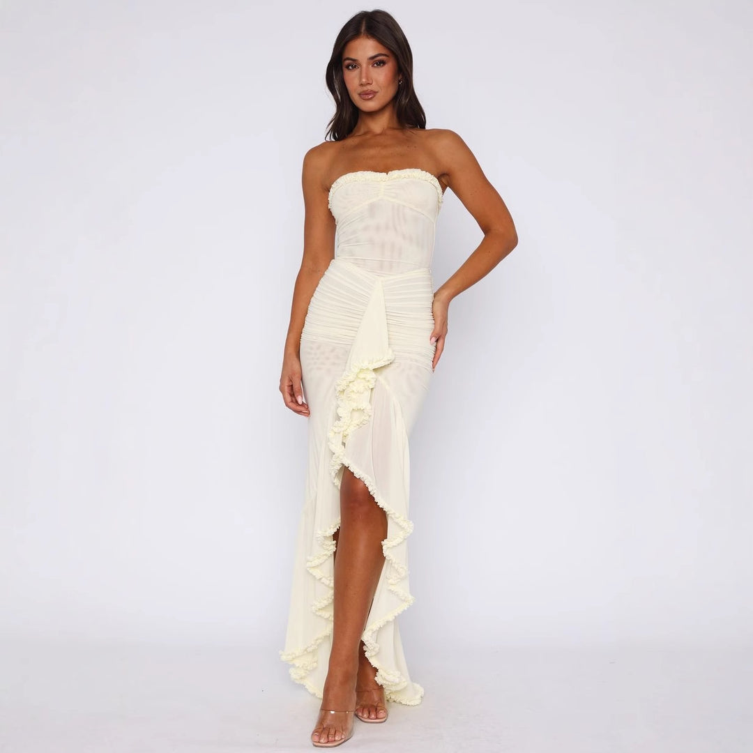 Damer Elegant Off-Shoulder Maxikjole med raffinerte volangdetaljer og asymmetrisk snitt Skjora