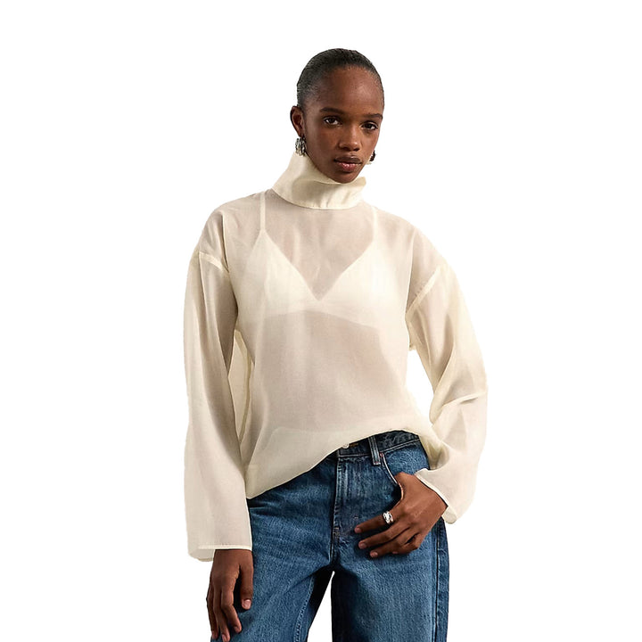 Dame Elegant bluse laget av gjennomsiktig stoff med stående krage Skjora