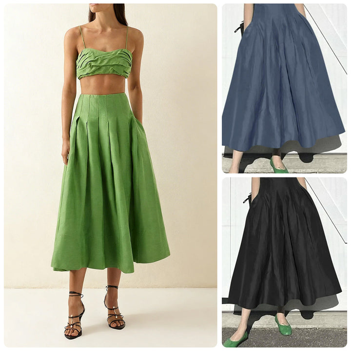 Damer Elegant Midi Skjørt med Flytende Snitt og Sidelommer