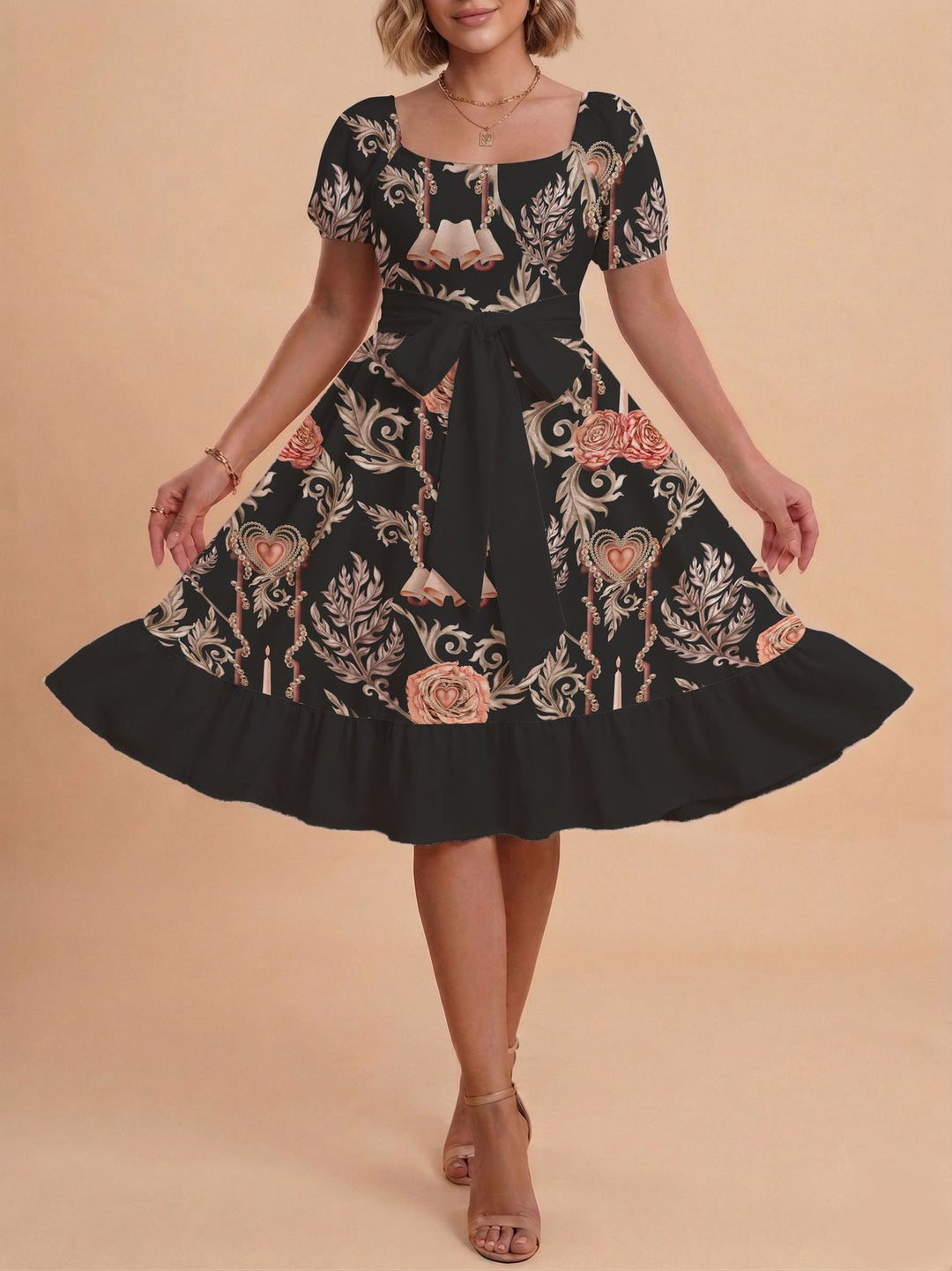 Damen Retro Maxikleid mit Puffärmeln und Taillengürtel Skjora