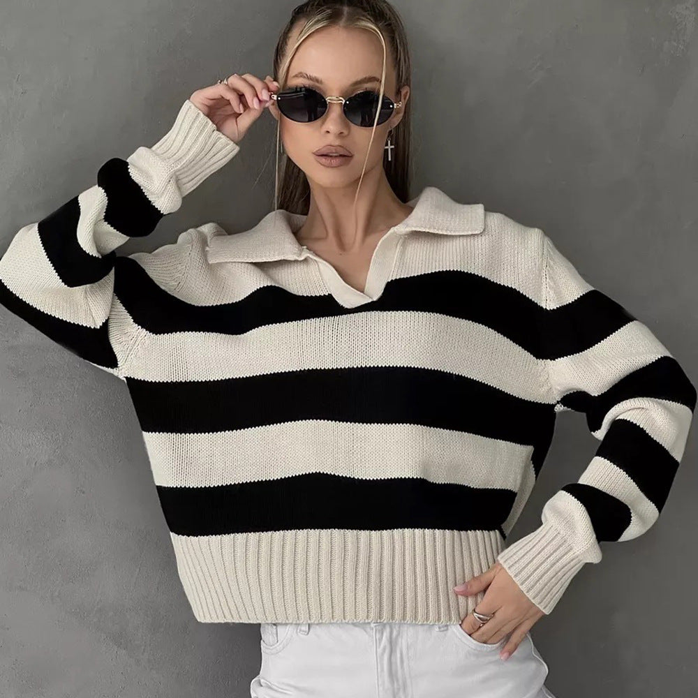 Kvinne casual genser med V-hals og brede striper Skjora