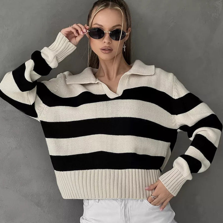 Kvinne casual genser med V-hals og brede striper Skjora