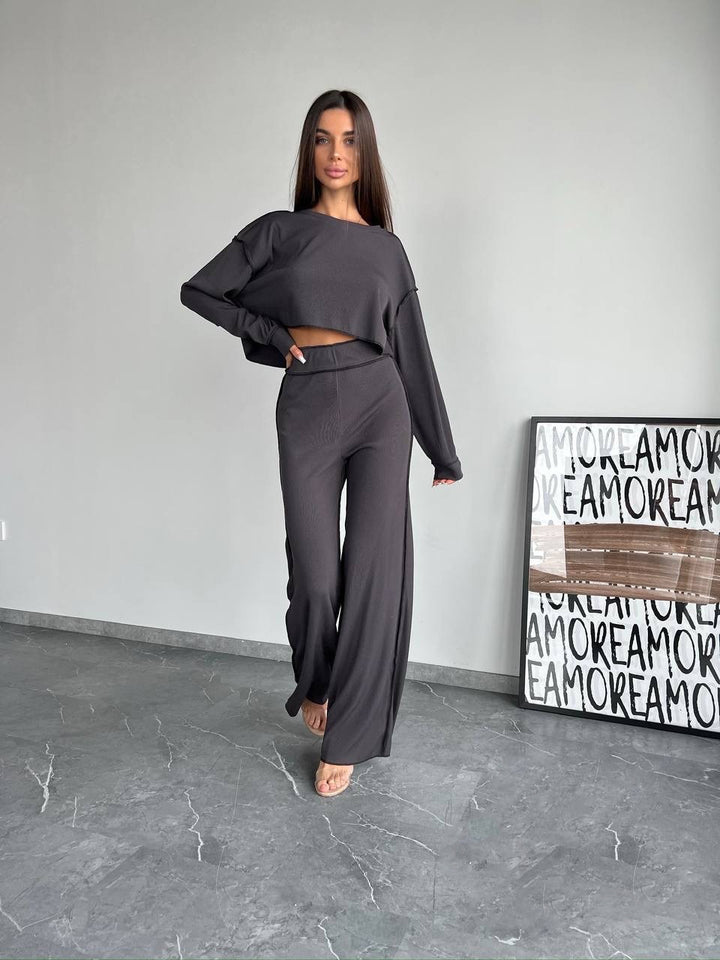 Dame Casual Lounge Set med Crop Top og Vide Bukser Skjora