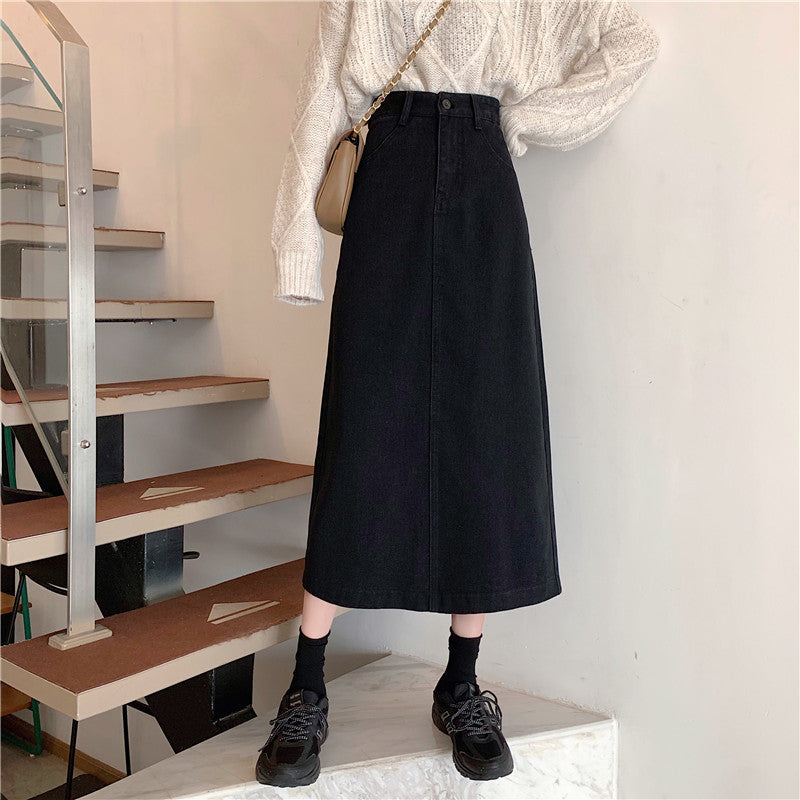 Dames denim midi skjørt med høy midje Skjora