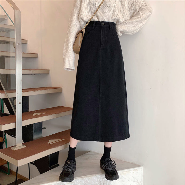 Dames denim midi skjørt med høy midje Skjora