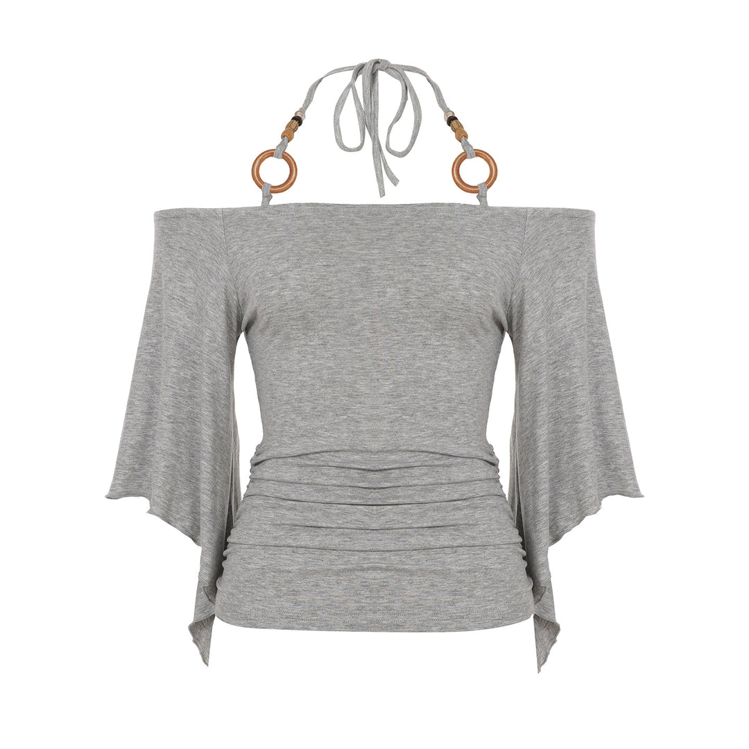 Dame Off-Shoulder topp med voluminøse ermer og dekorative knytte-detaljer Skjora
