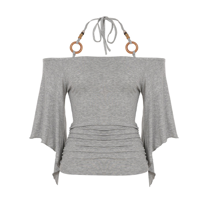 Dame Off-Shoulder topp med voluminøse ermer og dekorative knytte-detaljer Skjora