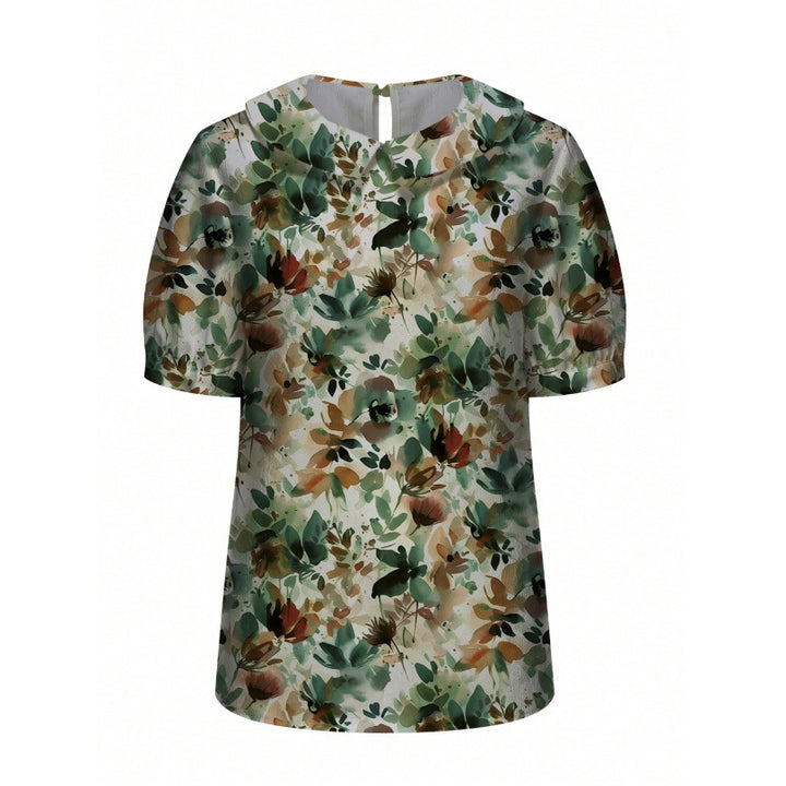 Dame kortermet bluse med florale accenter og klassisk krage Skjora