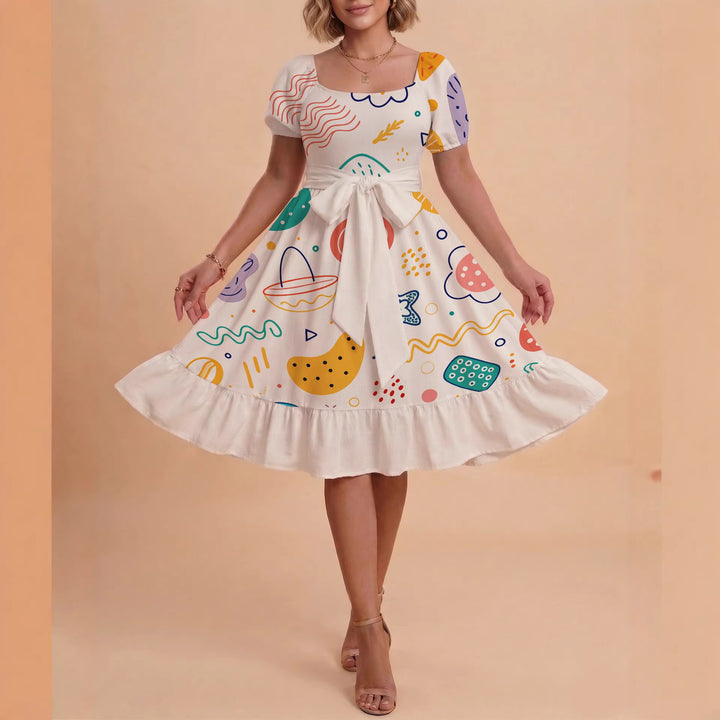 Damen Sommerkleid mit floralem Puffärmel und taillierbarem Gürtel Skjora