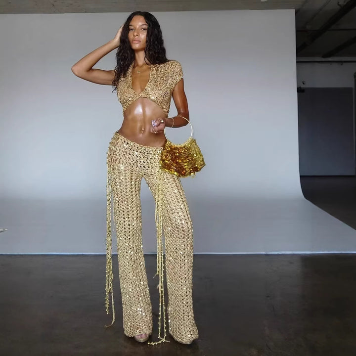 Damer Glitrende Festivalantrekk med kort skjørt og bandeau-overdel Skjora
