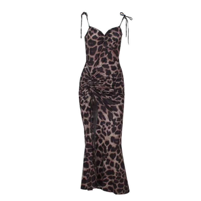 Damer Lekker Maxikjole med spennende leopardmønster og sexy splitt Skjora