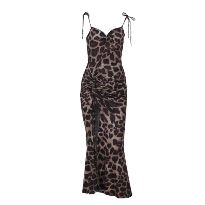 Damer Lekker Maxikjole med spennende leopardmønster og sexy splitt Skjora