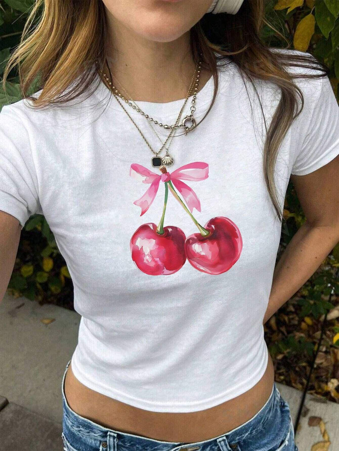 Dame Crop-T-skjorte med kreativ cocktail-design Skjora