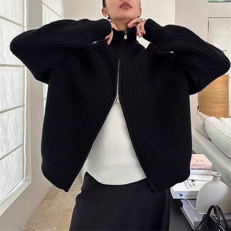 Damecardigan med festet glidelås og oversized snitt Skjora