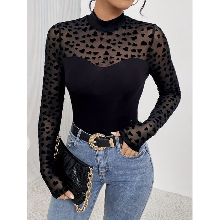 Damer Langarm-body med transparente hjerter og elegant høy krage Skjora