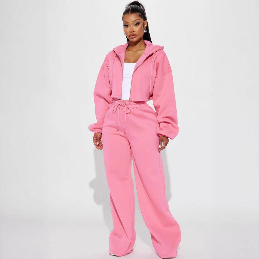 Women's Cropped Hoodie og Wide Jogging Bukser Sett Skjora