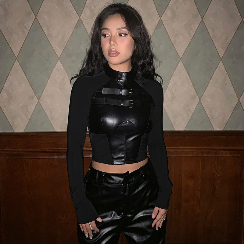 Damer trendy kunstlær crop-top med justerbare spenner Skjora