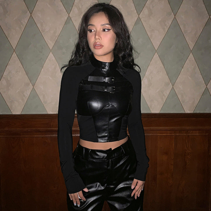 Damer trendy kunstlær crop-top med justerbare spenner Skjora