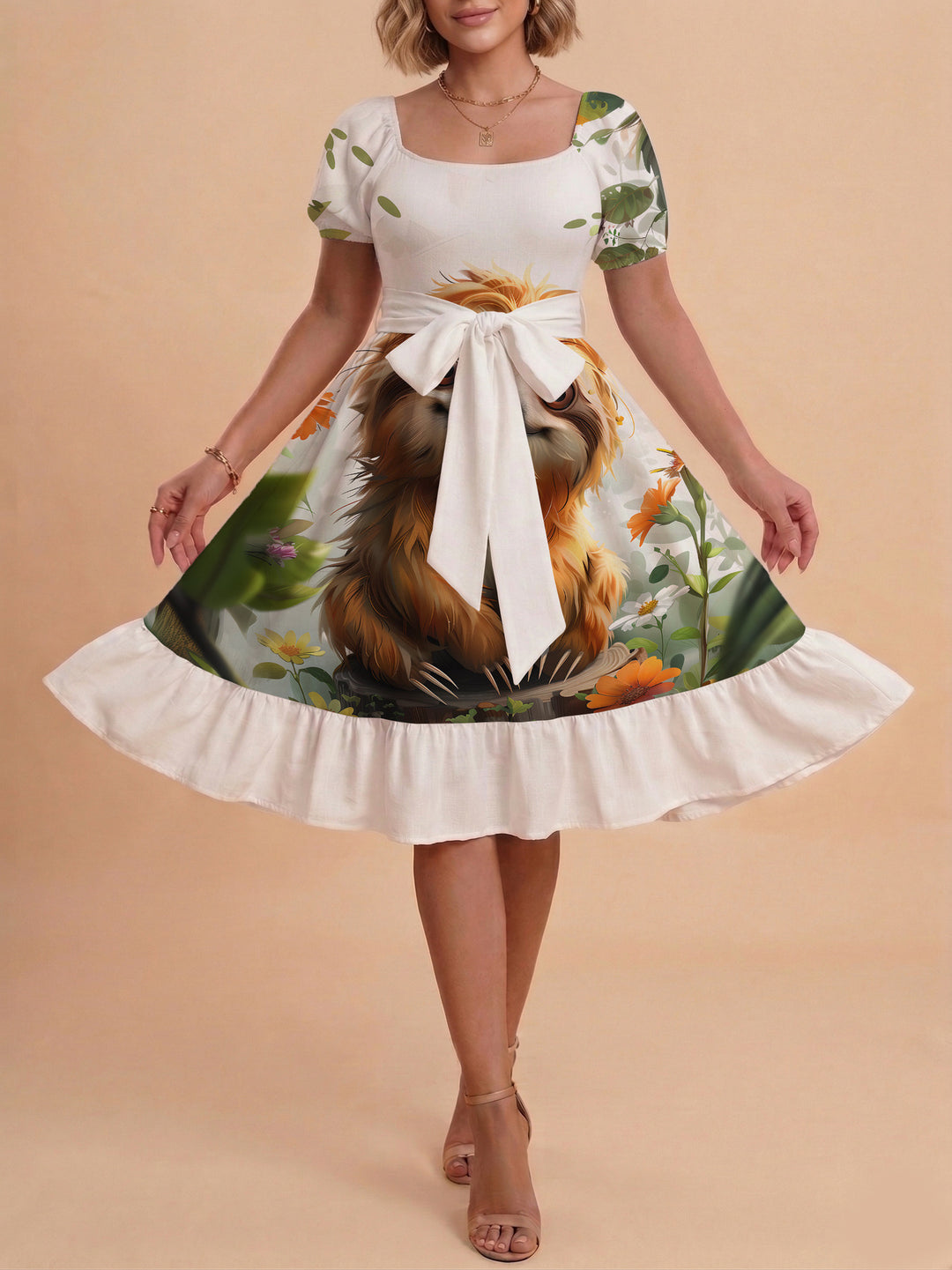 Damen Sommerliches Blumenkleid mit taillierbarem Gürtel und voluminösen Ärmeln Skjora