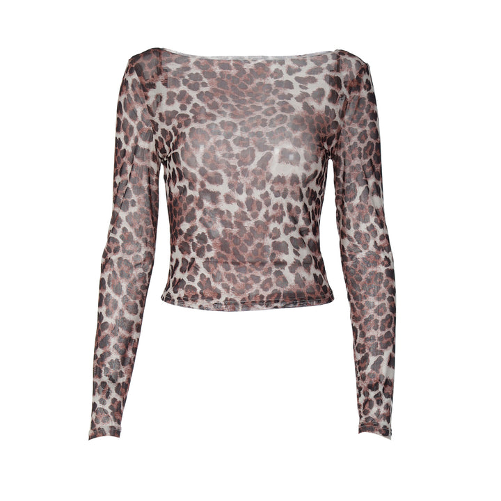 Dame Gjennomsiktig Langermet Bluse med Leopardmønster Skjora