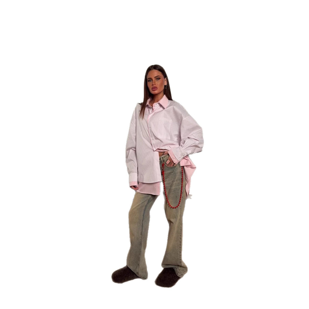 Dame Oversized Skjorte Bluse med Fine Striper og Avslappet Snitt Skjora