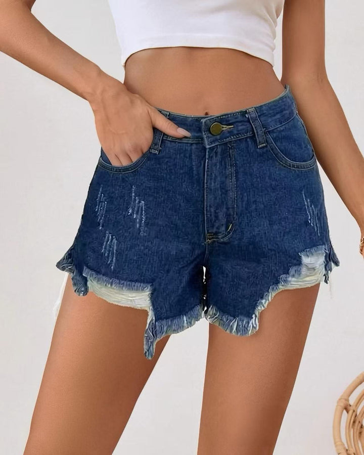 Damer moteriktige Destroyed Denim-Shorts med frynset kant Skjora