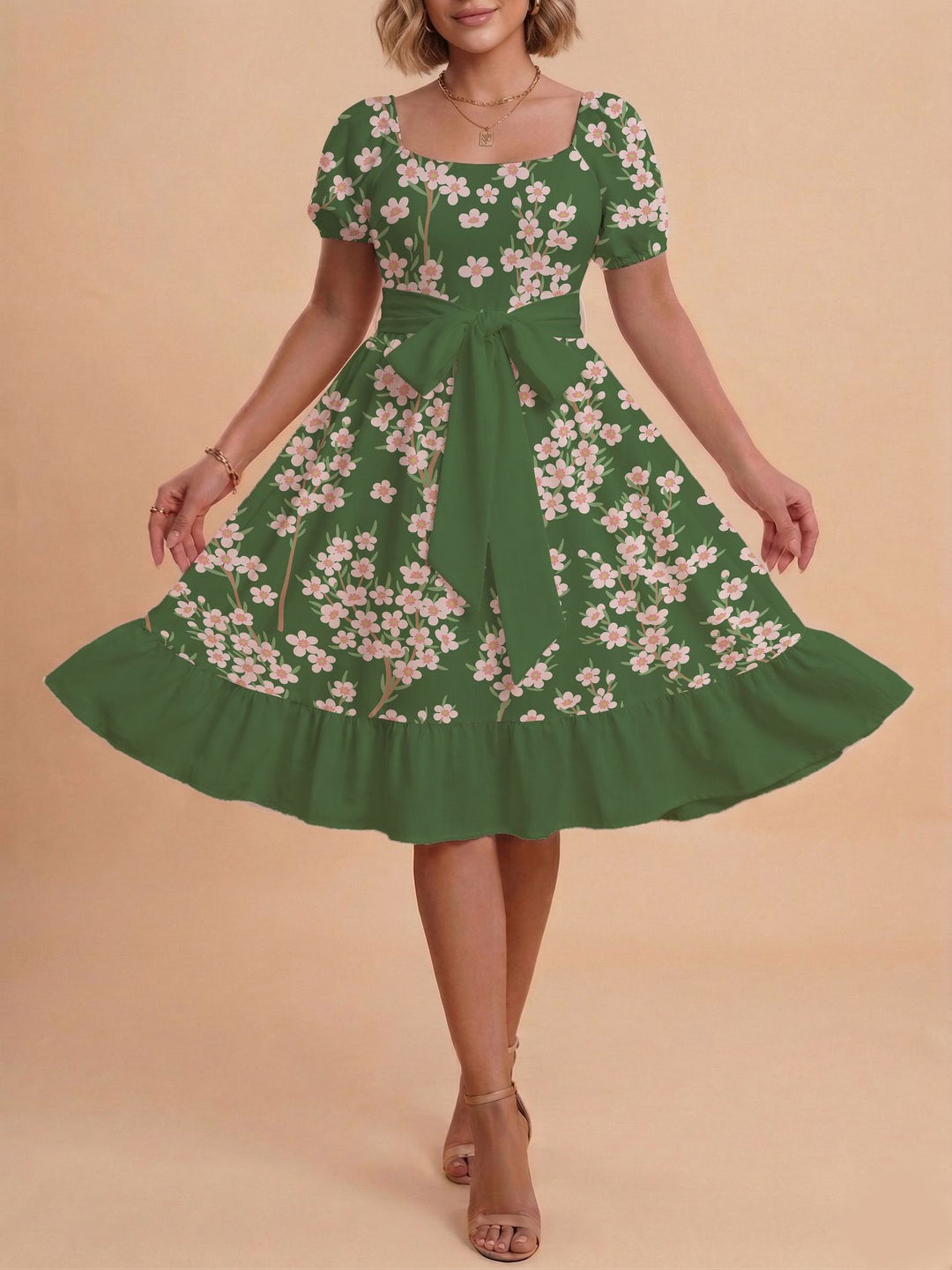 Damen Midikleid mit verspieltem Druck und tailliertem Schnitt Skjora