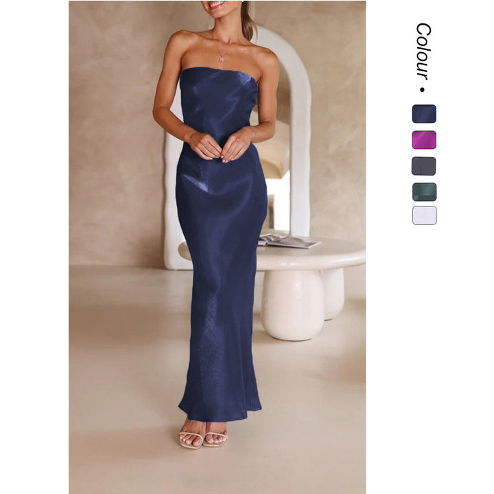 Damer Elegant Bandeau Maxi Kjole med Flytende Satin og Kroppsnær Silhuett