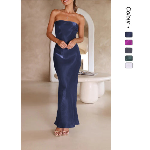Damer Elegant Bandeau Maxi Kjole med Flytende Satin og Kroppsnær Silhuett