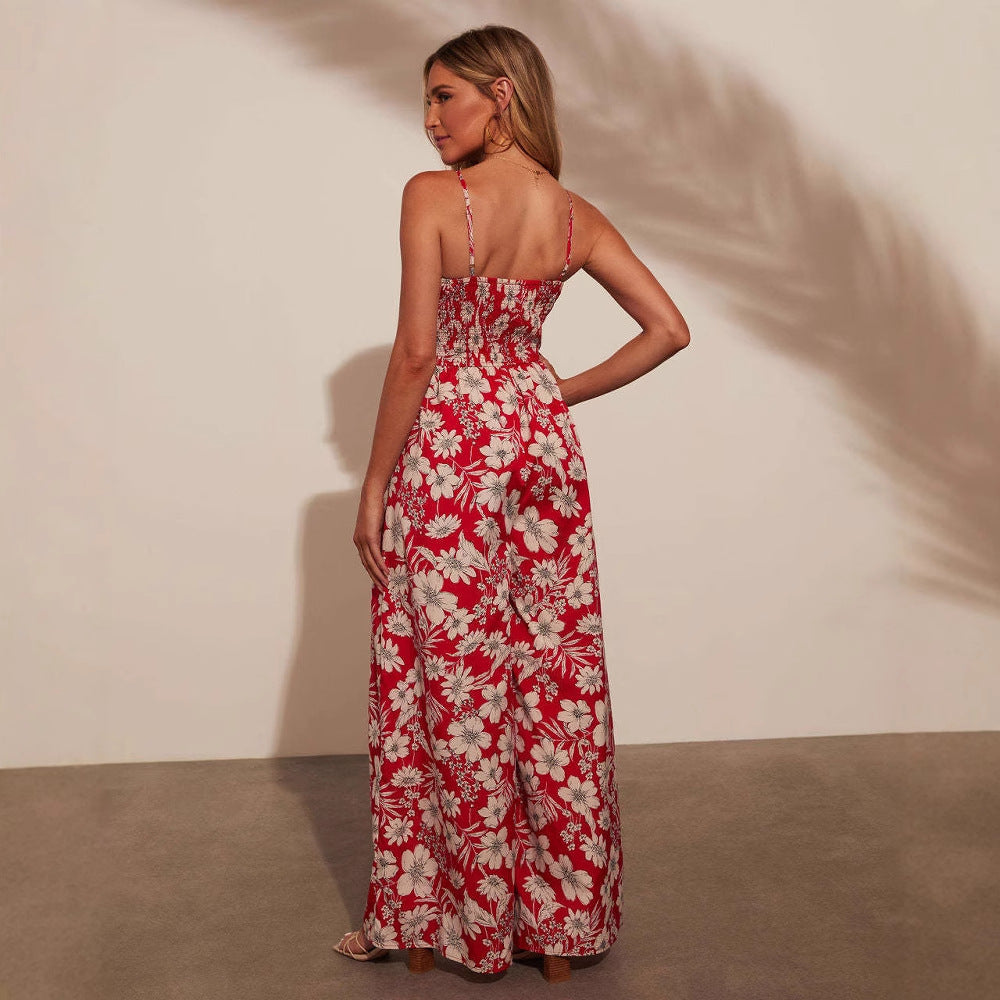 Kvinne maxi kjole med blomsterdesign og elastisk midje Skjora