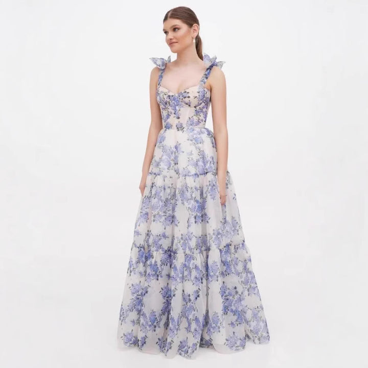 Damer Elegant Maxi Kjole med Blomsterdetaljer og Rynkede Stropper Skjora