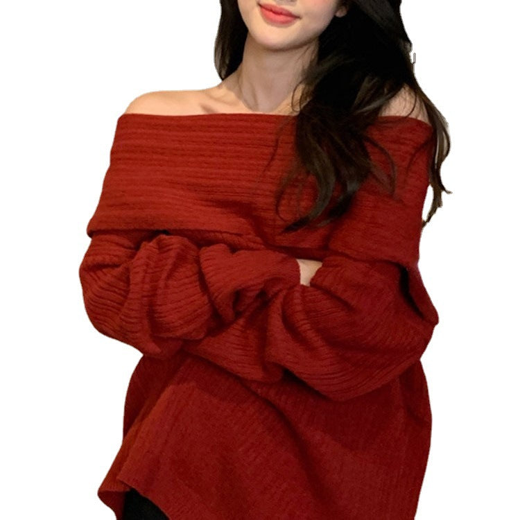 Kvinnelig oversized genser med avslappet off-shoulder design og fin ribbestruktur Skjora