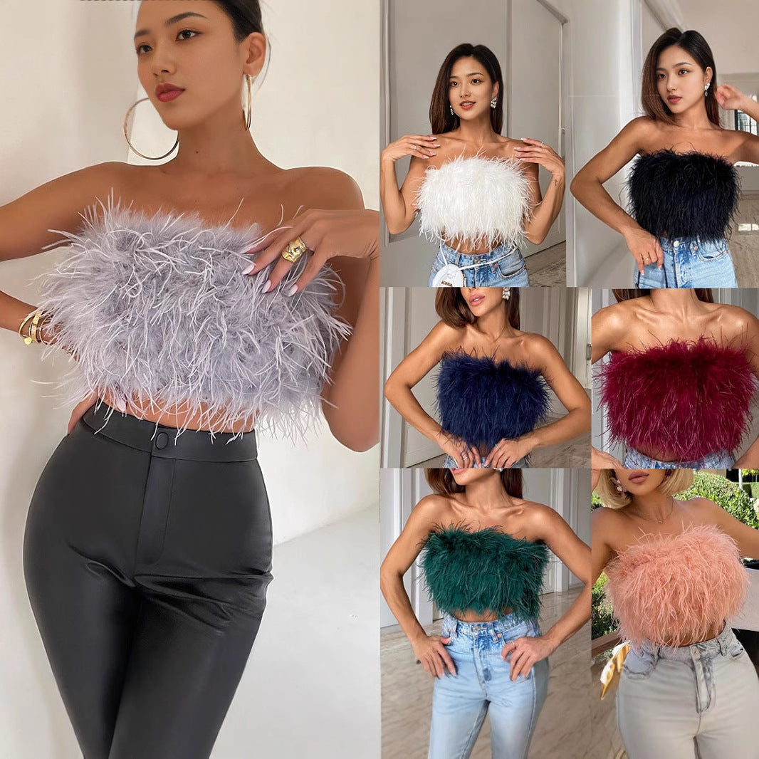 Dame Crop-Top i fjærstoff med sjarmerende design Skjora