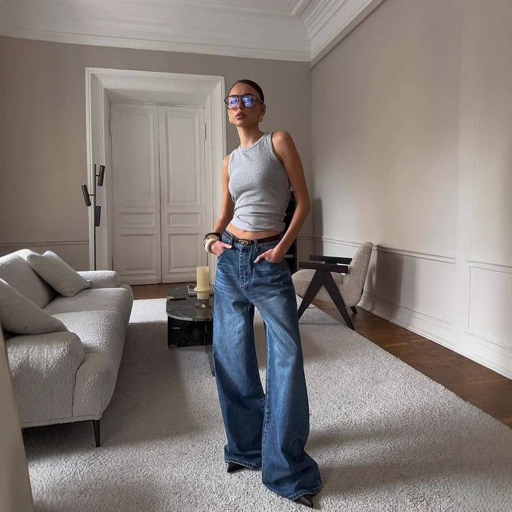 Kvinnelige brede jeans med høy midje og avslappet passform Skjora