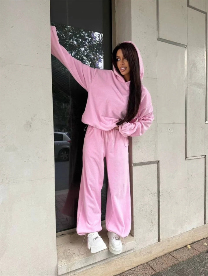 Dame Fleece Lounge Wear Set med hette og løs passform Skjora