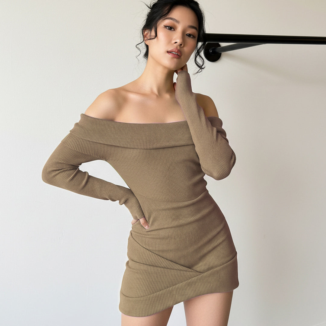 Dame figurtilpasset Off-Shoulder Kjole i ribbestrikk Skjora