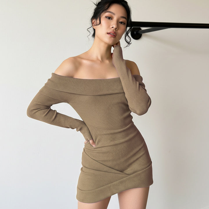 Dame figurtilpasset Off-Shoulder Kjole i ribbestrikk Skjora