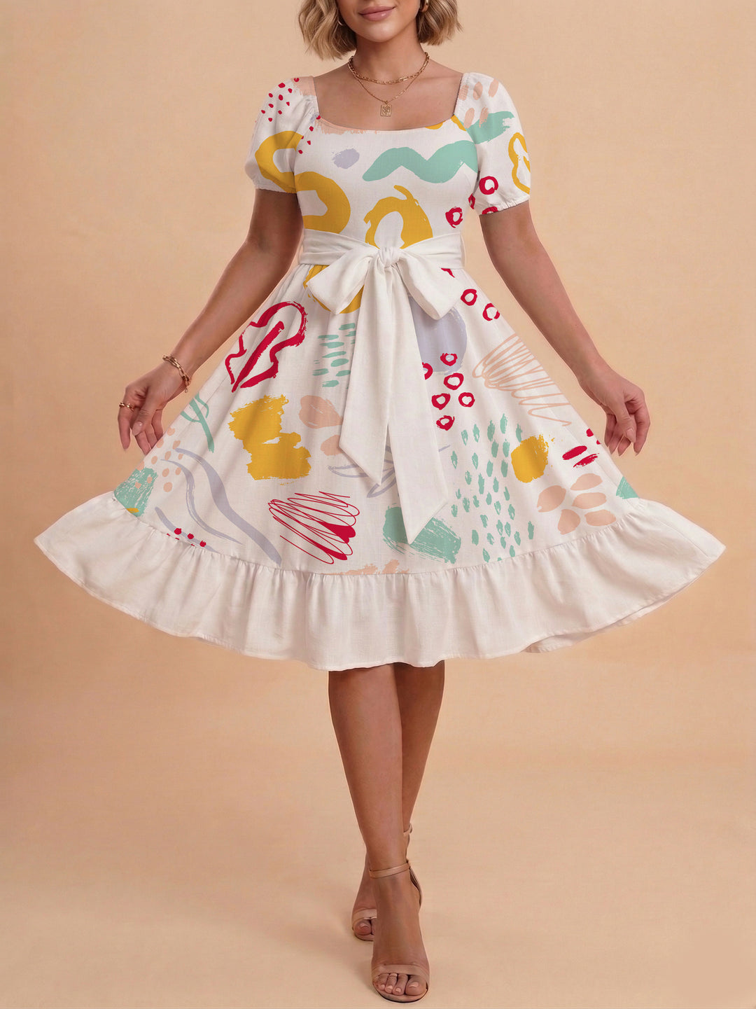 Damen Sommerkleid mit floralem Puffärmel und taillierbarem Gürtel Skjora
