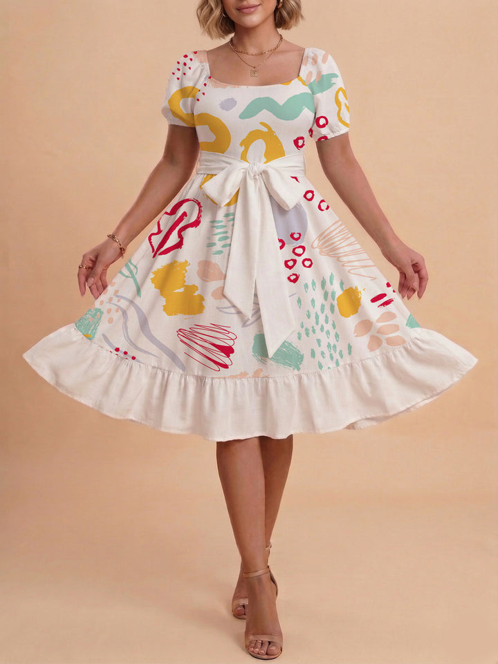 Damen Sommerkleid mit floralem Puffärmel und taillierbarem Gürtel Skjora