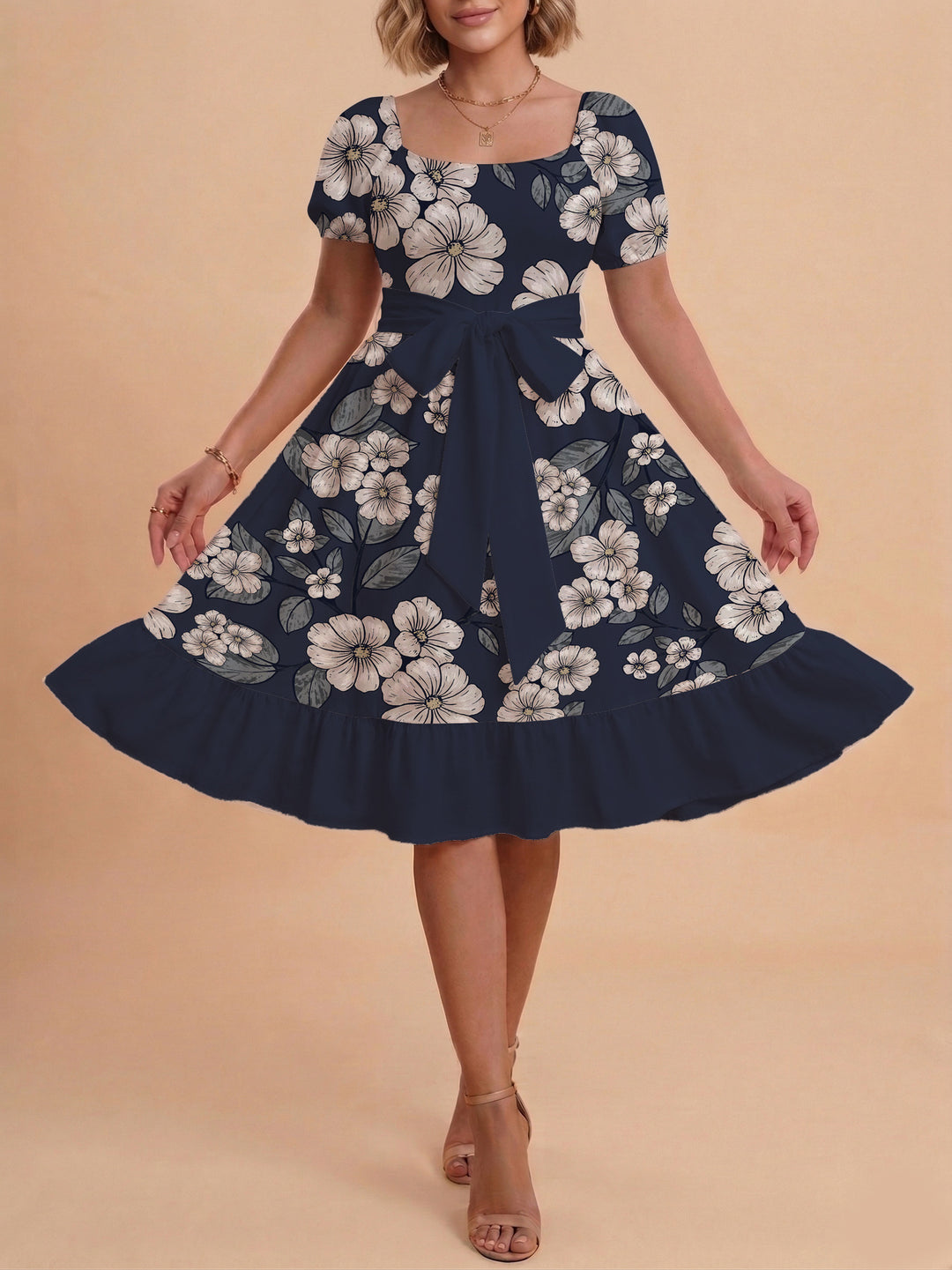Dame Midi kjole med elegant blomstertrykk og belte i midjen Skjora