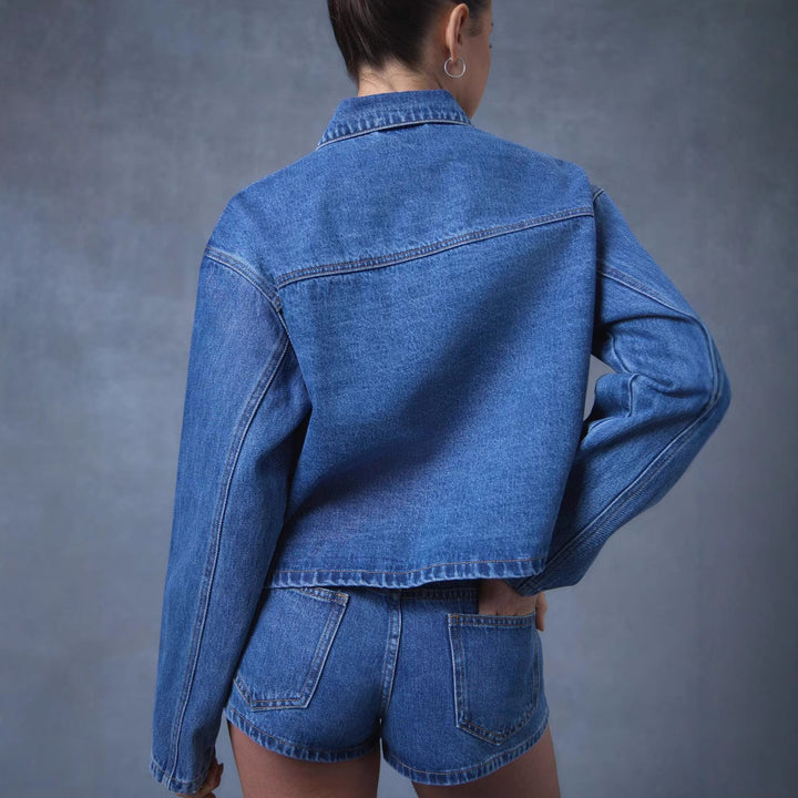 Dame Moderne Denim-Jakke med Belte Skjora
