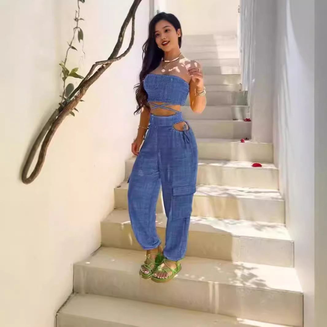 Dame Fasjonabel Todel bestående av Crop Top og Cargo-Bukse Skjora