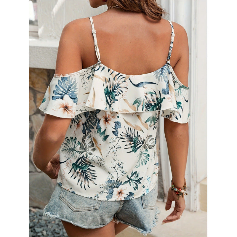 Damebluse med ruffle detaljer og åpne skuldre Skjora