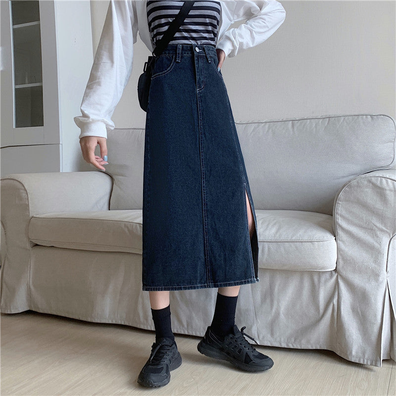 Dame lang denim skjørt med sidedeling Skjora